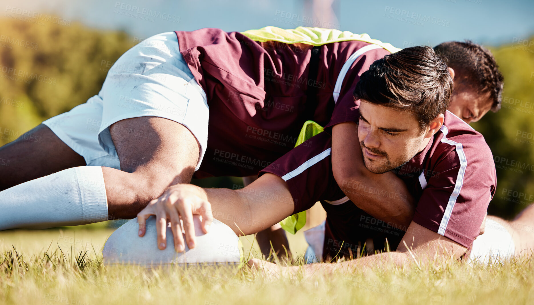 Buy stock photo Sport,rugby and team of men in training, tackle and workout match at sports field outdoors. Athletic, man and score with ball for game, challenge or performance, competitive and physical fitness
