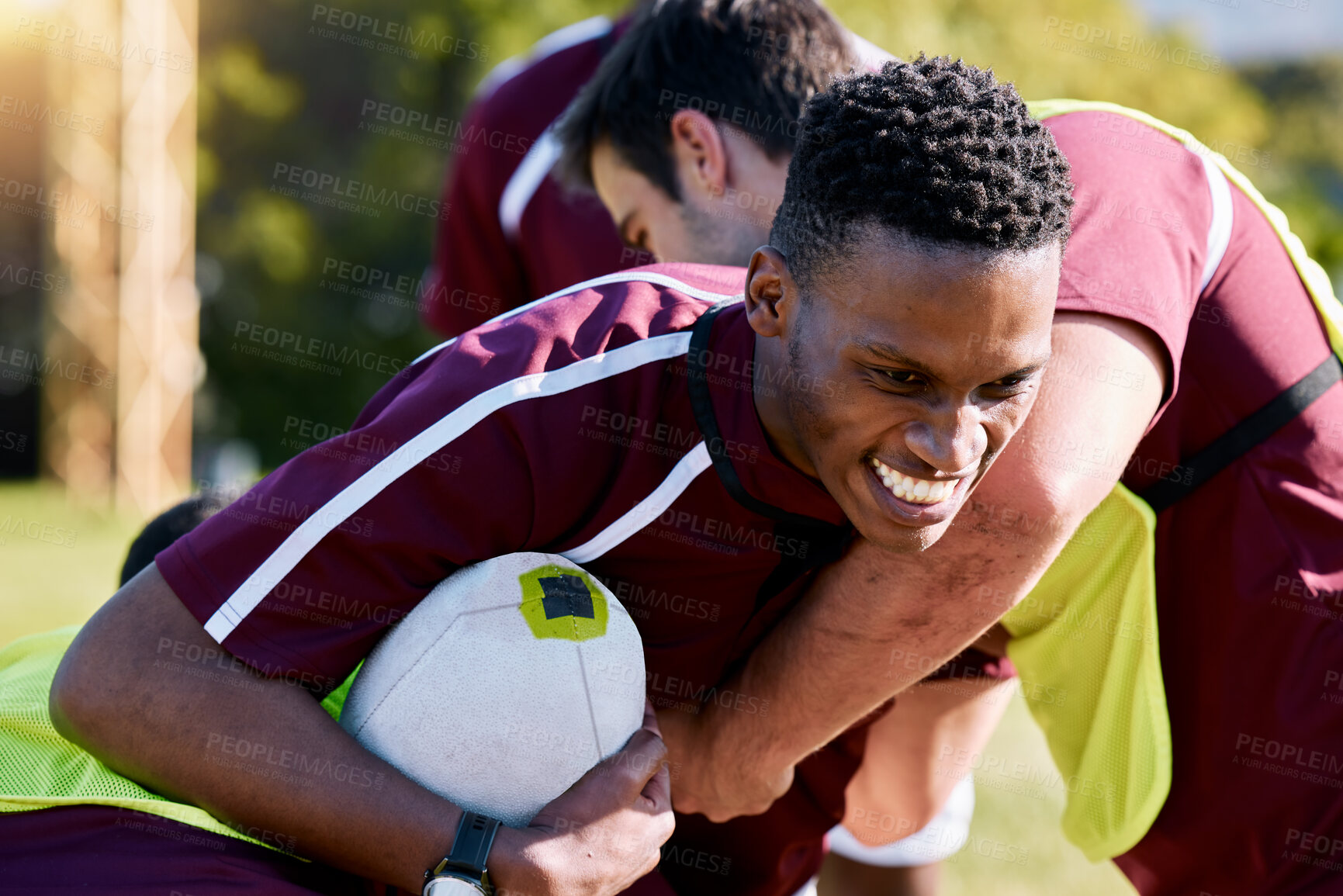 Buy stock photo Sports, team and rugby game on a field by men in training, practice or match outdoors. Fitness, group and players with ball for exercise, workout and performance, challenge and competitive athletics