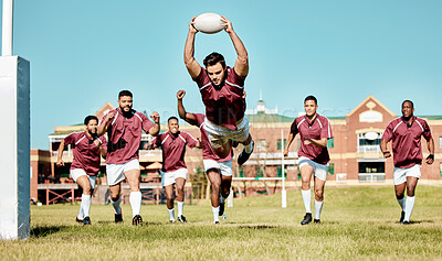 Buy stock photo Rugby, athlete on field and sports game with men, team running and player score a try with ball, fitness and active outdoor. Exercise, championship match and teamwork with cheers, action and energy