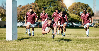 Buy stock photo Rugby, team on field and sports game with men, athlete running and player score a try with ball, fitness and active outdoor. Exercise, championship match and teamwork with jump, action and energy