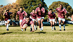 Rugby, athlete on grass field and sports game with men, team running and player score try with ball, fitness and active outdoor. Exercise, championship and teamwork, cheers with action and energy