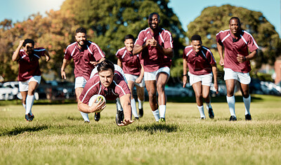 Buy stock photo Rugby, athlete on grass field and sports game with men, team running and player score try with ball, fitness and active outdoor. Exercise, championship and teamwork, cheers with action and energy