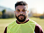 Rugby, sports and portrait of man with serious, dedication and focus for game, practice or match. Fitness, motivation mockup and face of sport player ready for exercise, training and workout on field