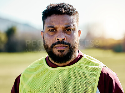 Buy stock photo Rugby, sports and portrait of man with serious, dedication and focus for game, practice or match. Fitness, motivation mockup and face of sport player ready for exercise, training and workout on field