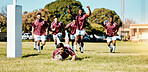 Rugby, team and sports game with men celebrate player scoring a try, fitness and active outdoor with cheers. Happy, winning and support with competition and exercise, championship match and energy