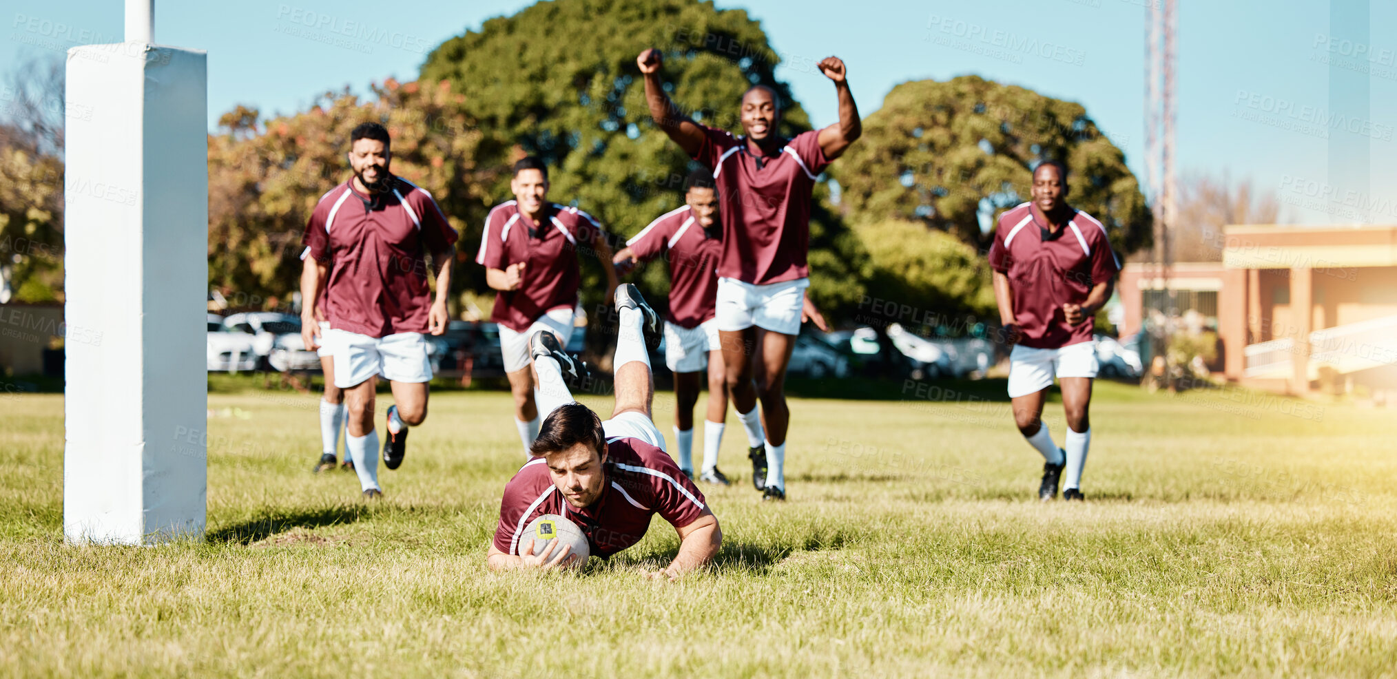 Buy stock photo Rugby, team and sports game with men celebrate player scoring a try, fitness and active outdoor with cheers. Happy, winning and support with competition and exercise, championship match and energy