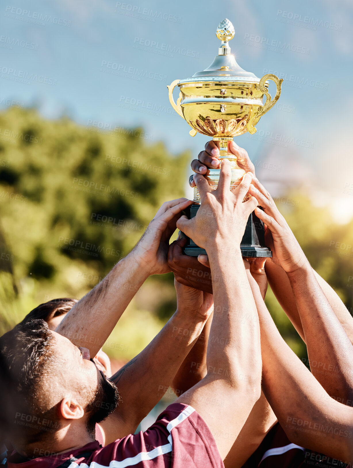 Buy stock photo Rugby, champion or hands of team with trophy for achievement, goals or group success together. Celebration, gold winner or happy people with cups awards for winning a sports competition or tournament