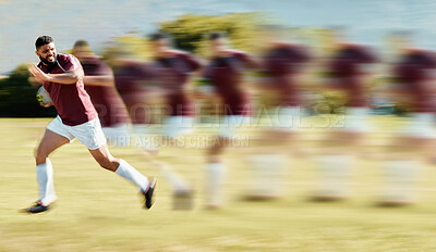 Buy stock photo Sports, rugby and running with man on field for training, fitness and speed action in championship. Fast, workout and blur sequence with athlete playing in game for competition, exercise and cardio