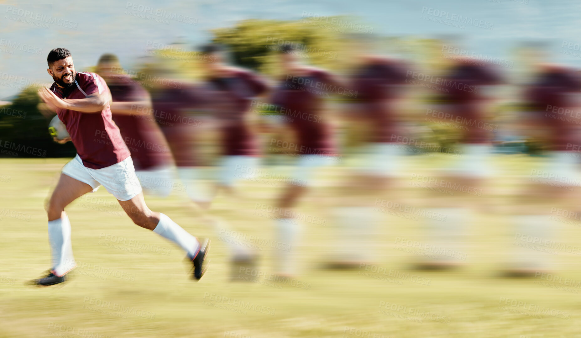 Buy stock photo Sports, rugby and running with man on field for training, fitness and speed action in championship. Fast, workout and blur sequence with athlete playing in game for competition, exercise and cardio