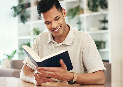 Buy stock photo Young man reading bible for religion, faith and god knowledge, studying or research at home. Faith, hope and christian person with holy book for learning, analysis and spiritual wellness or scripture