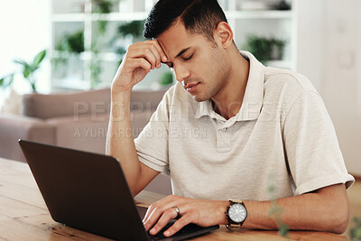 Buy stock photo Tired, headache stress and man with a laptop, remote work problem and burnout. Fatigue, depression and entrepreneur with anxiety from bad news on pc, migraine and frustrated with a glitch at home