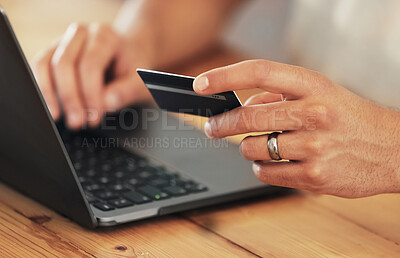 Buy stock photo Payment, credit card and hands with a laptop for online shopping, banking and finance. Ecommerce, retail and person typing debit information into a pc for a convenient electronic purchase on the web