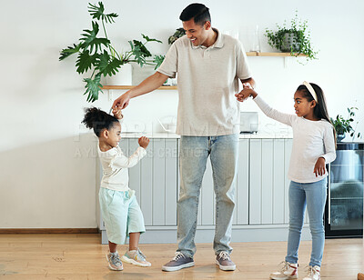 Buy stock photo Dance, learning and happy with father and children in kitchen for bonding, relax and weekend. Music, wellness and smile with dad and girls dancing in family home for freedom, energy and vacation