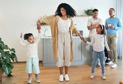 Buy stock photo Happy, dance and relax with big family in kitchen for bonding, weekend and celebration fun. Wellness, music and playing with children and mother for dancing for happiness, affection and holiday