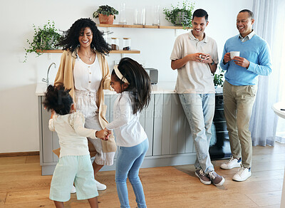 Buy stock photo Smile, dance and jump with big family in kitchen for bonding, weekend and celebration fun. Wellness, music and playing with children and mother for dancing for happiness, affection and holiday