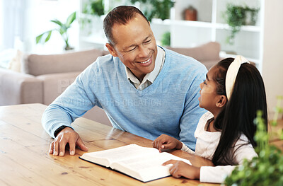 Buy stock photo Family, grandfather and child reading book, teaching and learning bible story, questions and education in living room. Black people or senior man and kid story, holy or spiritual development and help