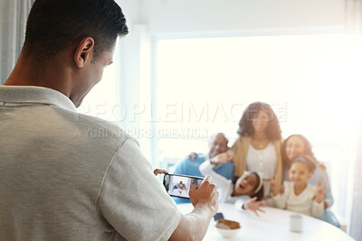 Buy stock photo Smartphone photography, screen with family in home, man taking picture and memory with love and care. Technology, group and people together with focus, lens and photographer, app and phone