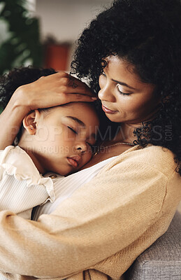 Buy stock photo Family, mother with sleeping child and love, peace and calm with relationship, care and relax at home. Content, black woman and tired girl with bond, comfort and hug with safe place, dream and sleep