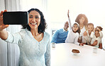 Love, grandmother and family with selfie, smile and bonding on break, fun and spending quality time together. Grandparents, children and parents with smartphone, happiness and cheerful in living room
