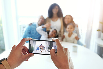 Buy stock photo Smartphone photography, screen and hands with family at home, taking picture and memory with love and care. Technology, closeup and people together with focus, lens and photographer, app and phone