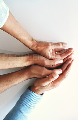 Buy stock photo Hands together, business people and solidarity of company group with work community and connection. Teamwork, support and trust of office team with white background showing collaboration goals