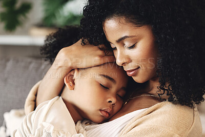 Buy stock photo Family, mother with sleeping kid and love, peace and calm with relationship, care and relax at home. Content, black woman and tired girl with bond, comfort and hug with safe place, dream and sleep
