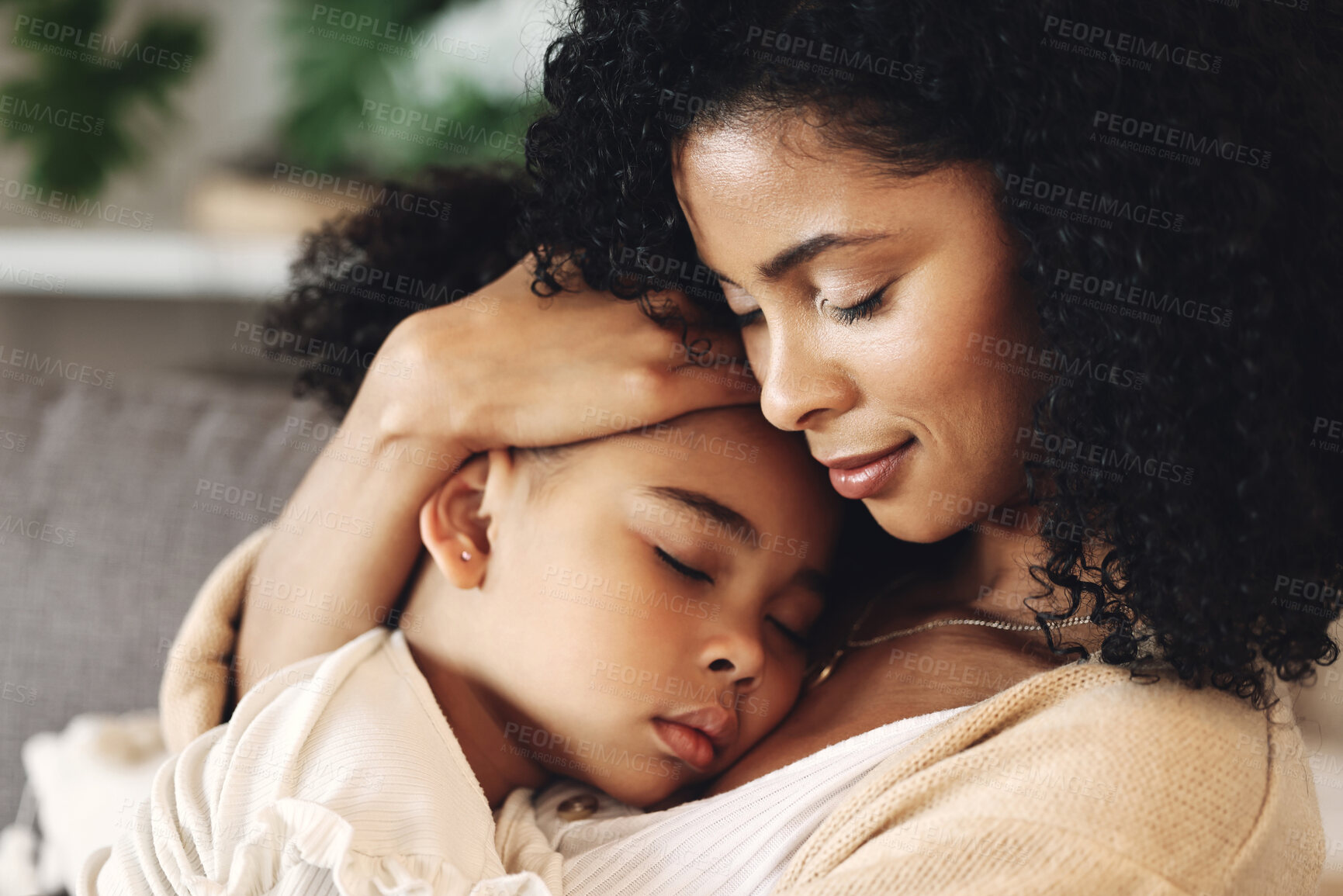 Buy stock photo Family, mother with sleeping kid and love, peace and calm with relationship, care and relax at home. Content, black woman and tired girl with bond, comfort and hug with safe place, dream and sleep