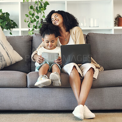 Buy stock photo Mother, child and technology in family home living room for remote work, online education and wifi. Woman laugh and girl with laptop and table on couch for internet learning, game and funny movies