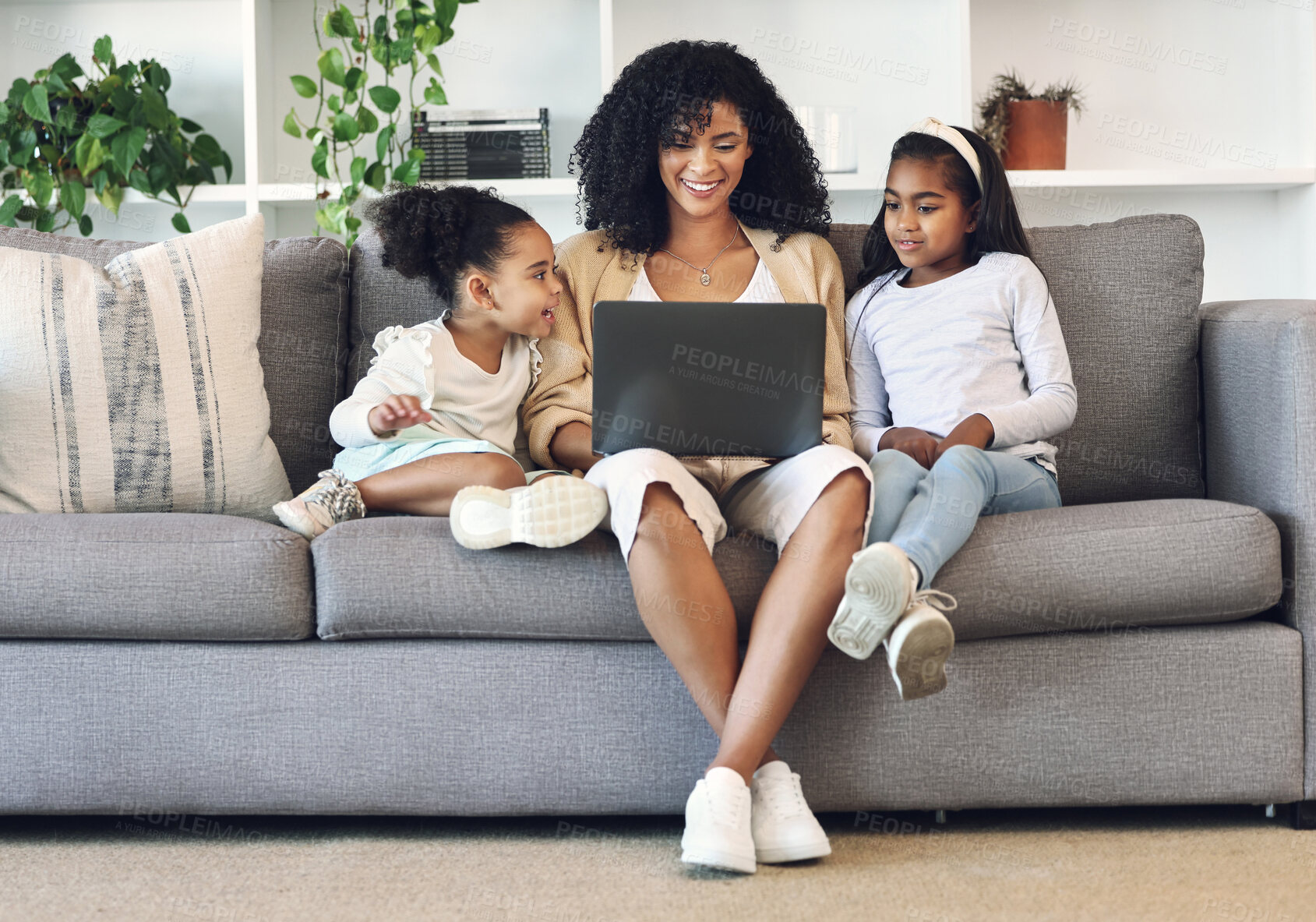 Buy stock photo Black family, mother and children with laptop in home living room for remote work or online education. Woman and girl kids together on couch with internet for learning, games and watch movie to relax