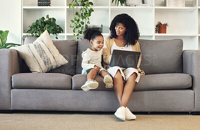 Buy stock photo Family, mother and child with laptop in home living room for remote work, online education and wifi. Black woman and girl together on couch with internet for learning, games and watch movies to relax