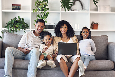 Buy stock photo Family, home and laptop for portrait on couch while learning with online education, games or movie. Mother, father and girl kids together on couch with internet and parents teaching for development