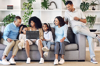 Buy stock photo Big family, home and laptop on couch learning with online education, games or movie. Parents, grandparents and children relax together in lounge with internet for quality time streaming and bonding