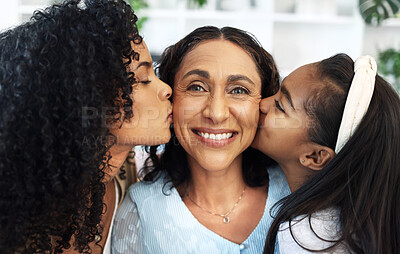 Buy stock photo Portrait, kiss on the cheek for a senior woman with her daughter and granddaughter in their home together. Face, love or family with a mother, adult child and girl bonding in a house on mothers day