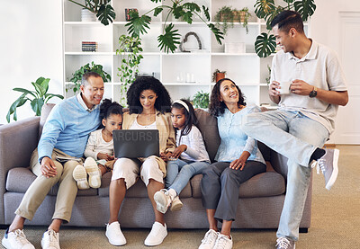 Buy stock photo Home, big family and laptop on couch learning with online education, games or movie. Parents, grandparents and children relax together on sofa with internet for quality time streaming and bonding