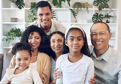 Buy stock photo Portrait of family with kids, parents and grandparents on sofa with smile in happy home in Brazil. Happiness, generations of men and women with children, spending time together making fun memories.