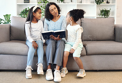 Buy stock photo Religion, book and children or family reading, teaching and learning bible story, knowledge and education in living room. Grandmother on sofa with holy scripture, gospel or history of god for kids