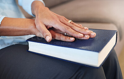 Buy stock photo Bible, prayer and hands of old woman in living room for religion, book and Christian faith. Spiritual, God and worship with senior lady praying with holy text at home for wellness, believe and goal 