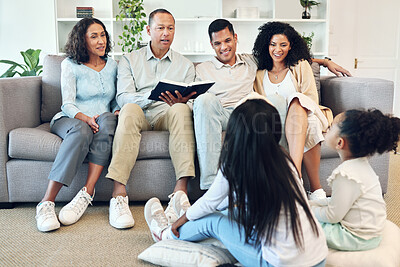 Buy stock photo Senior family, storytelling and children book, teaching and learning bible, spiritual development or education in living room. Grandparents, mother and father with kids reading holy story or language