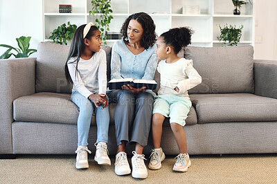 Buy stock photo Senior family reading books to children, teaching and learning bible story, questions and education in living room. Grandmother and kids on sofa with storytelling or holy religion, knowledge and help