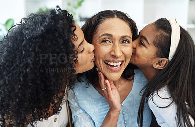 Buy stock photo Portrait, cheek kiss and grandmother with family, daughter and granddaughter at home together. Face, love and care of happy mother, senior woman and kid kissing, bonding and laughing on mothers day.