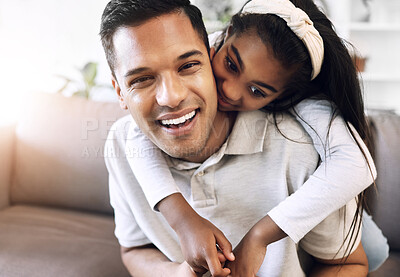 Buy stock photo Family, portrait and hug by girl and father on sofa, happy and relax, playing and laughing in living room. Love, face and child embrace parent on couch, cheerful for day off, weekend or relationship
