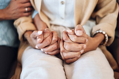 Buy stock photo Holding hands, support and solidarity with trust, help and comfort with empathy, care and people together. Parents helping adult child, connection and love with relationship, commitment and zoom