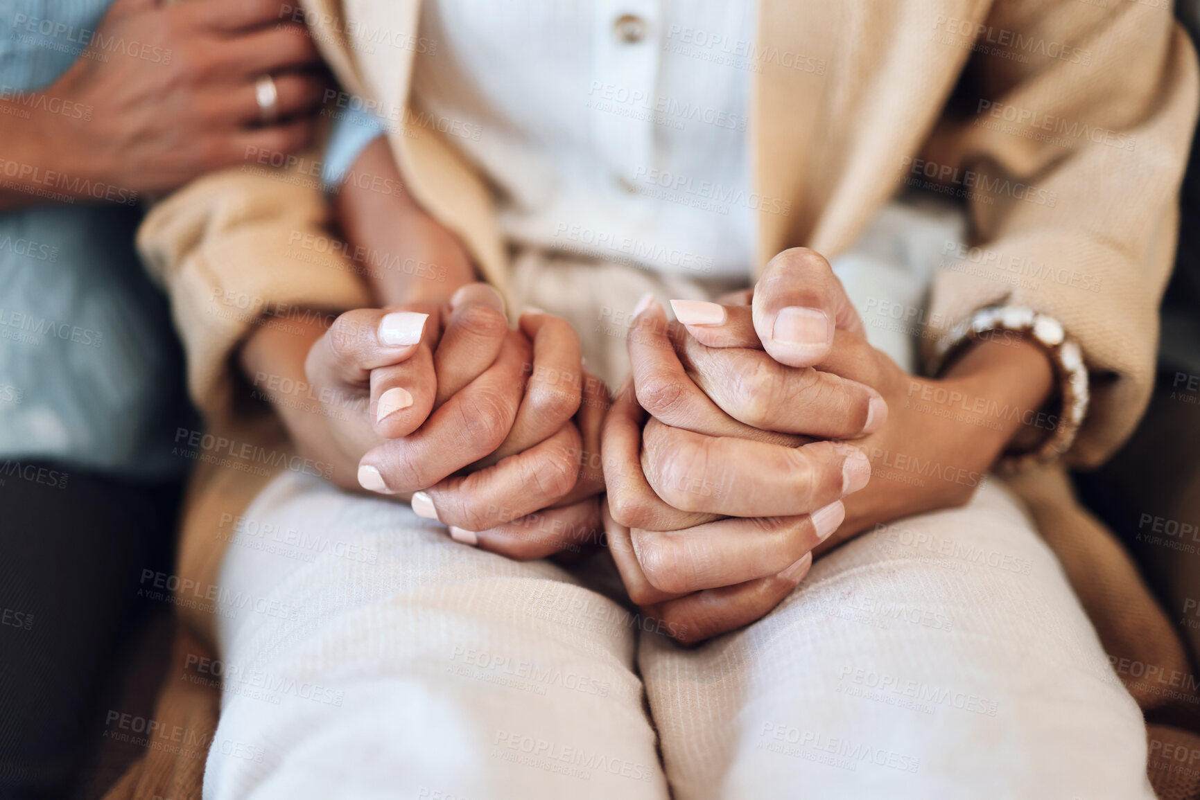 Buy stock photo Holding hands, support and solidarity with trust, help and comfort with empathy, care and people together. Parents helping adult child, connection and love with relationship, commitment and zoom