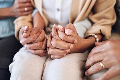 Buy stock photo Holding hands, support and love with trust, help and comfort people with empathy and care with grief. Parents helping adult child, connection and solidarity with relationship, commitment and zoom