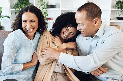 Buy stock photo Mature parents, black family and daughter hug together on sofa for love, bonding and fun with happy mother portrait. Excited, funny and laughing USA people or woman with mom and dad on couch at home