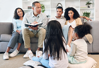 Buy stock photo Senior family, reading book and children learning, teaching and bible knowledge, spiritual development or education. Grandparents, mother and father on sofa and kids listening to holy storytelling