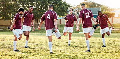 Buy stock photo Rugby, sports and stretching with a team getting ready for training or a competitive game on a field. Fitness, sport and warm up with a man athlete group in preparation of a match outdoor in summer