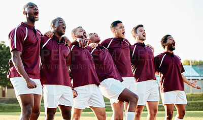 Buy stock photo Rugby, sports and team of men singing for training for a competition or game on a field. Fitness, sport and exercise with athlete group hug for teamwork, support and motivation for World cup match