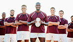 Rugby, field and portrait of team with ball and smile standing together with confidence in winning game. Diversity, black man and group of strong sports men in leadership, fitness and happy teamwork.