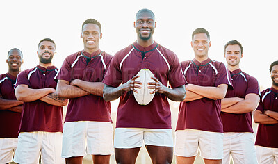 Buy stock photo Rugby, field and portrait of team with ball and smile standing together with confidence in winning game. Diversity, black man and group of strong sports men in leadership, fitness and happy teamwork.